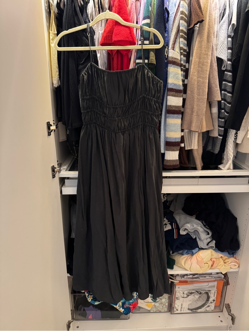 Zara Black Strapless Smocked Midi Dress